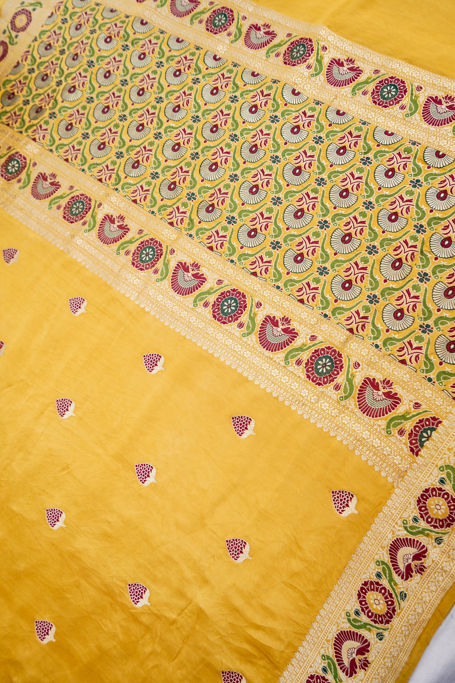 Golden Mustard Handloom Satin Silk Shikargah Banarasi Saree