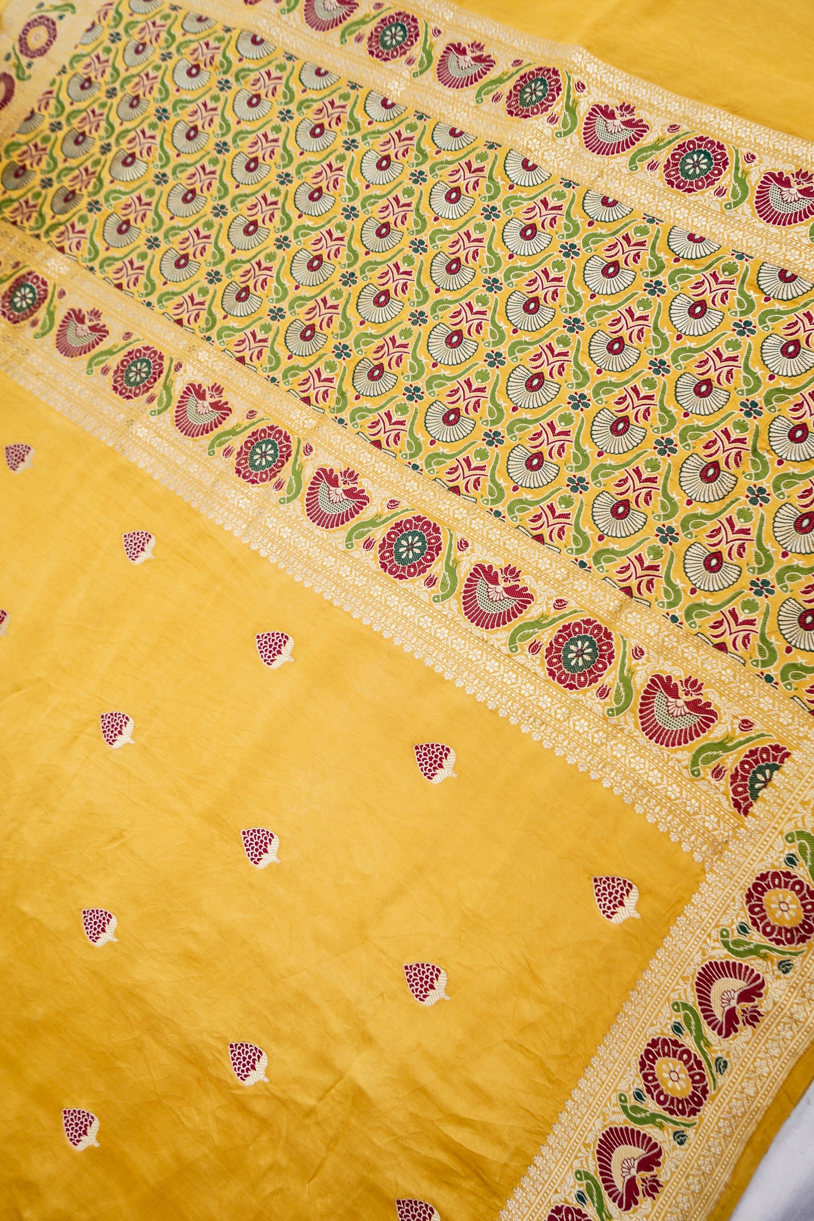 Golden Mustard Handloom Satin Silk Shikargah Banarasi Saree