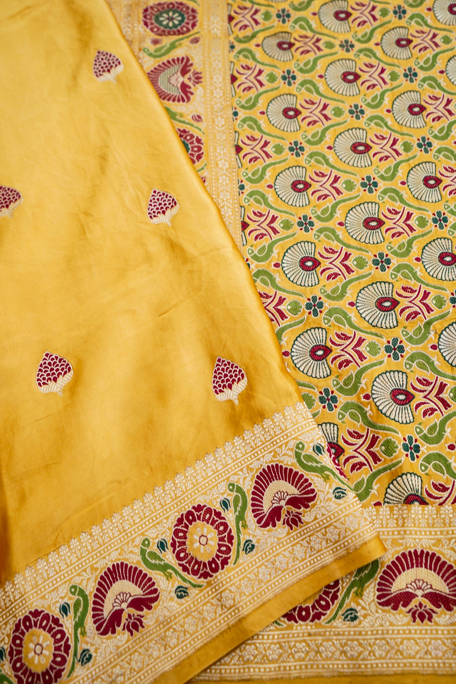 Golden Mustard Handloom Satin Silk Shikargah Banarasi Saree
