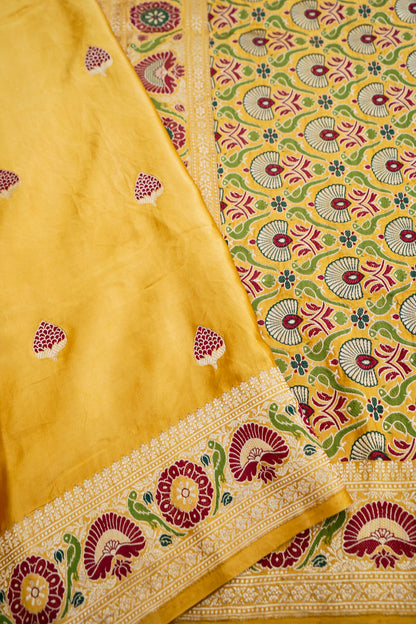 Golden Mustard Handloom Satin Silk Shikargah Banarasi Saree