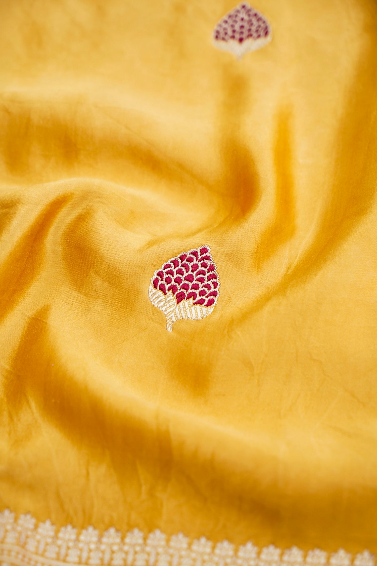 Golden Mustard Handloom Satin Silk Shikargah Banarasi Saree