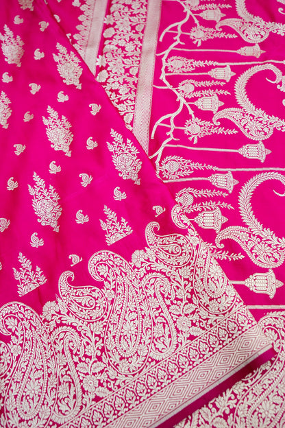 Pink Handwoven Pure Mashru Kataan Silk Buti Banarasi Saree