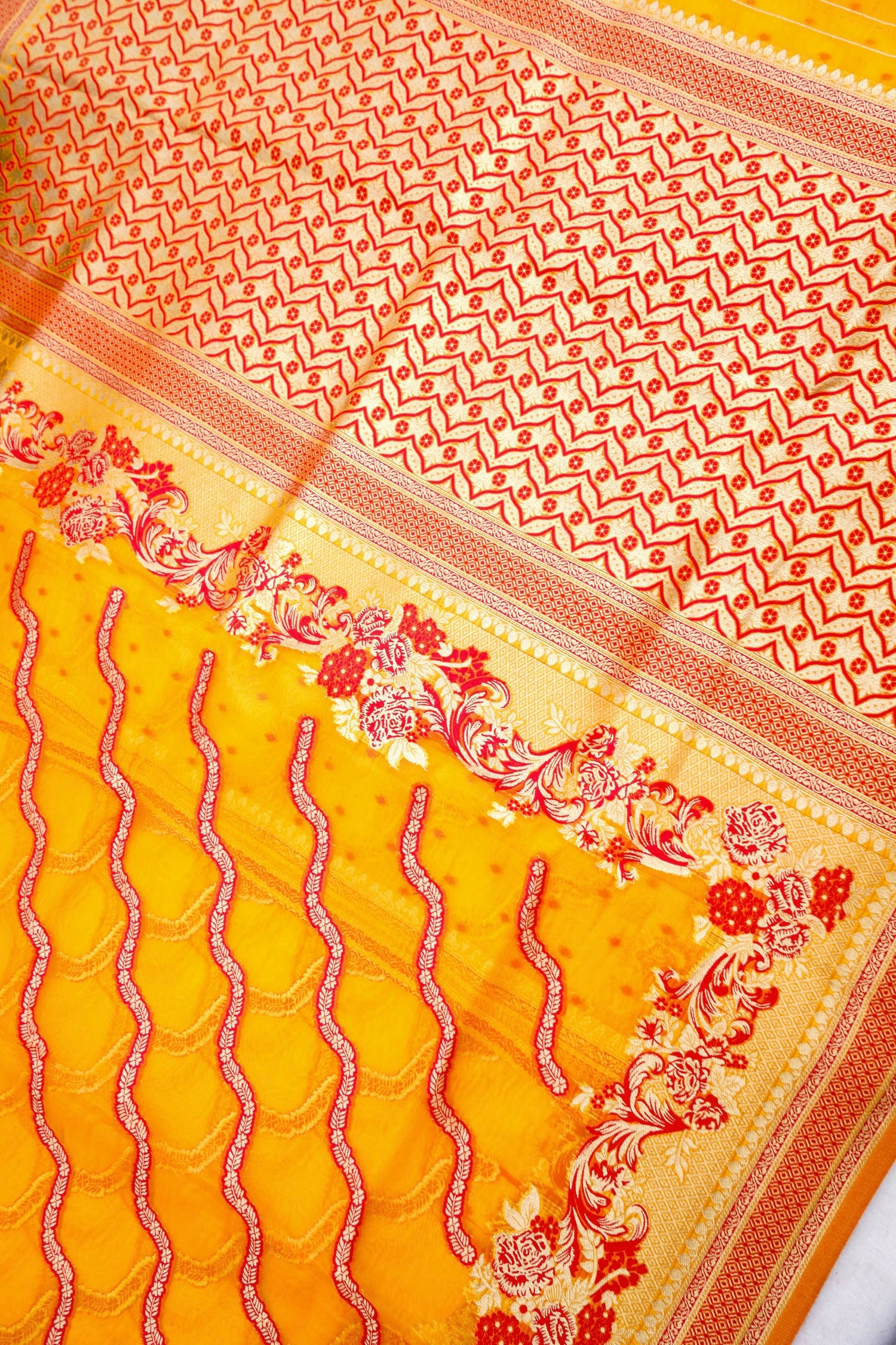 Yellow Adha Jaal Organza Banarasi Saree with Red Meenakari