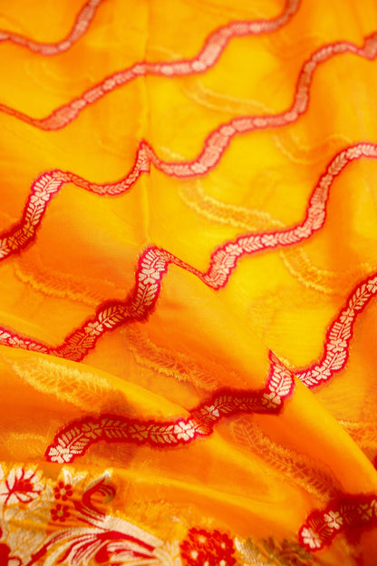 Yellow Adha Jaal Organza Banarasi Saree with Red Meenakari