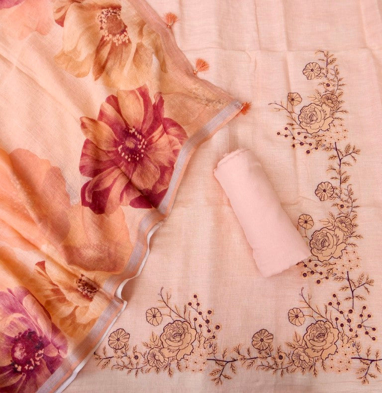 Peach Linen Silk Printed Unstitched Suit Fabric