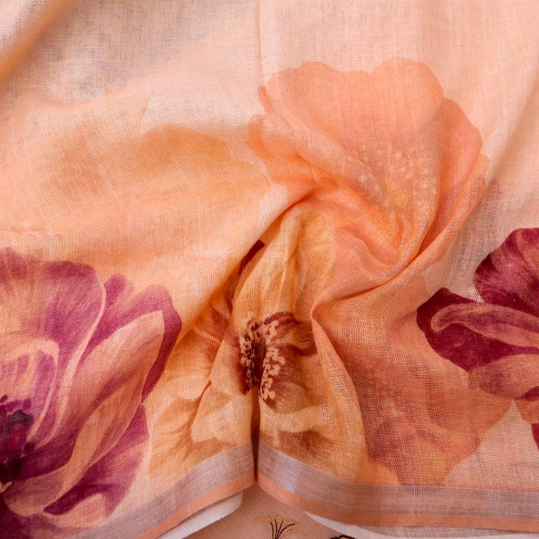 Peach Linen Silk Printed Unstitched Suit Fabric