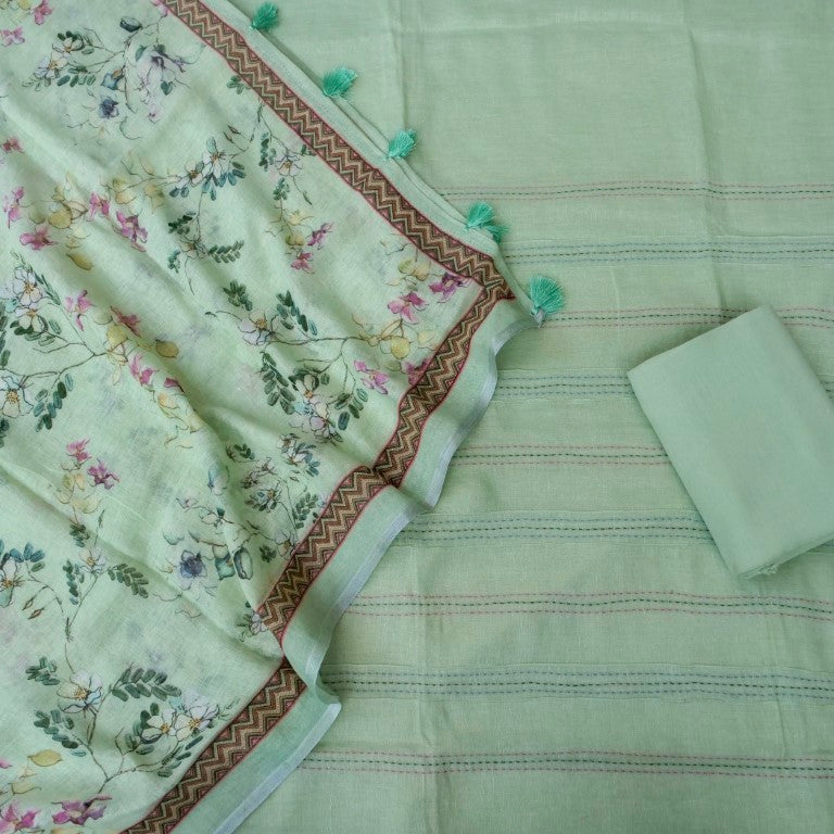 Pista Green Linen Silk Printed Unstitched Suit Fabric