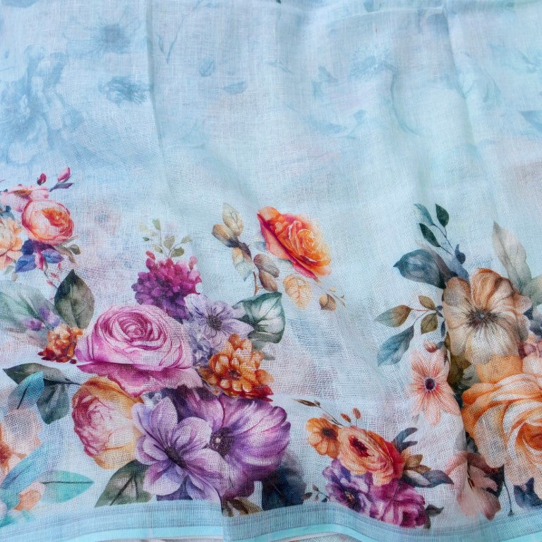 Sky Blue Linen Silk Printed Unstitched Suit Fabric