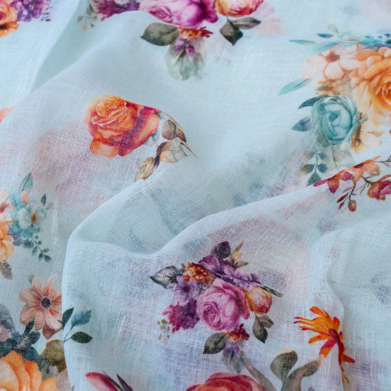 Sky Blue Linen Silk Printed Unstitched Suit Fabric