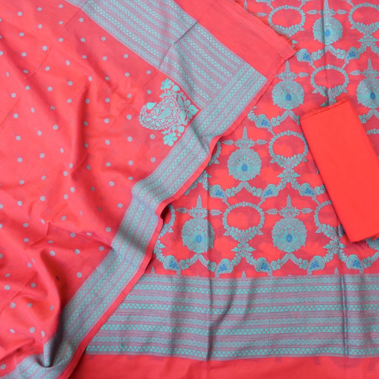 Red Cotton Silk Banarasi Unstitched Suit Fabric