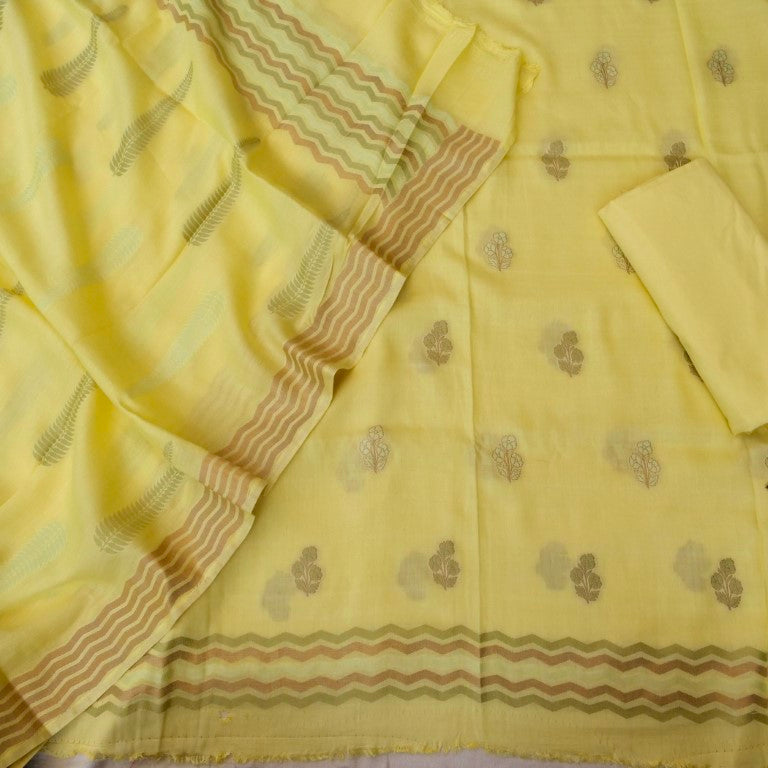 Lemon Yellow Cotton Silk Banarasi Unstitched Suit Fabric