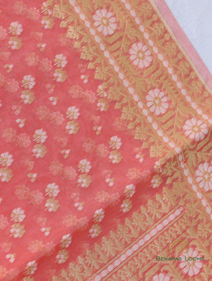 Peach Handloom Cotton Butidar Banarasi Saree