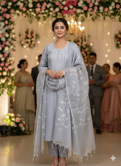 Gray Kota Silk Embroidered Unstitched Suit Fabric