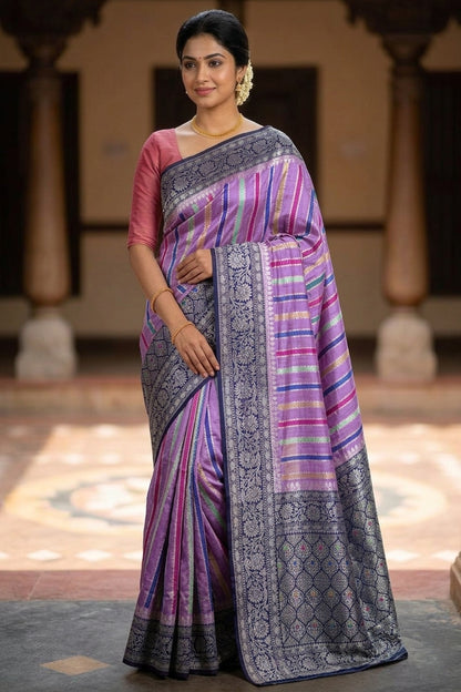 Lilac Raw Mango Silk Meena Striped Saree
