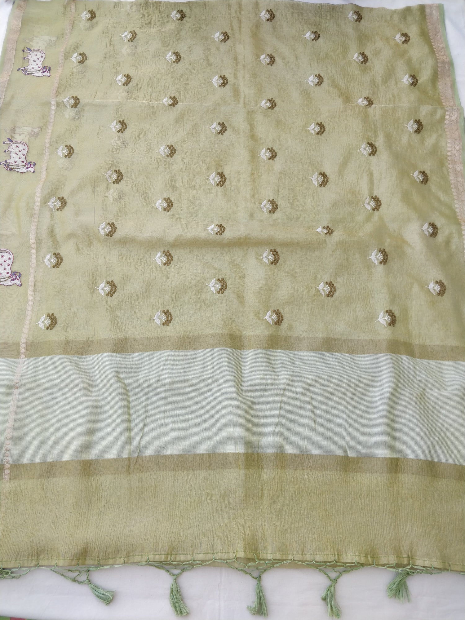Green Tissue Silk Pichwai Saree With Embroidery