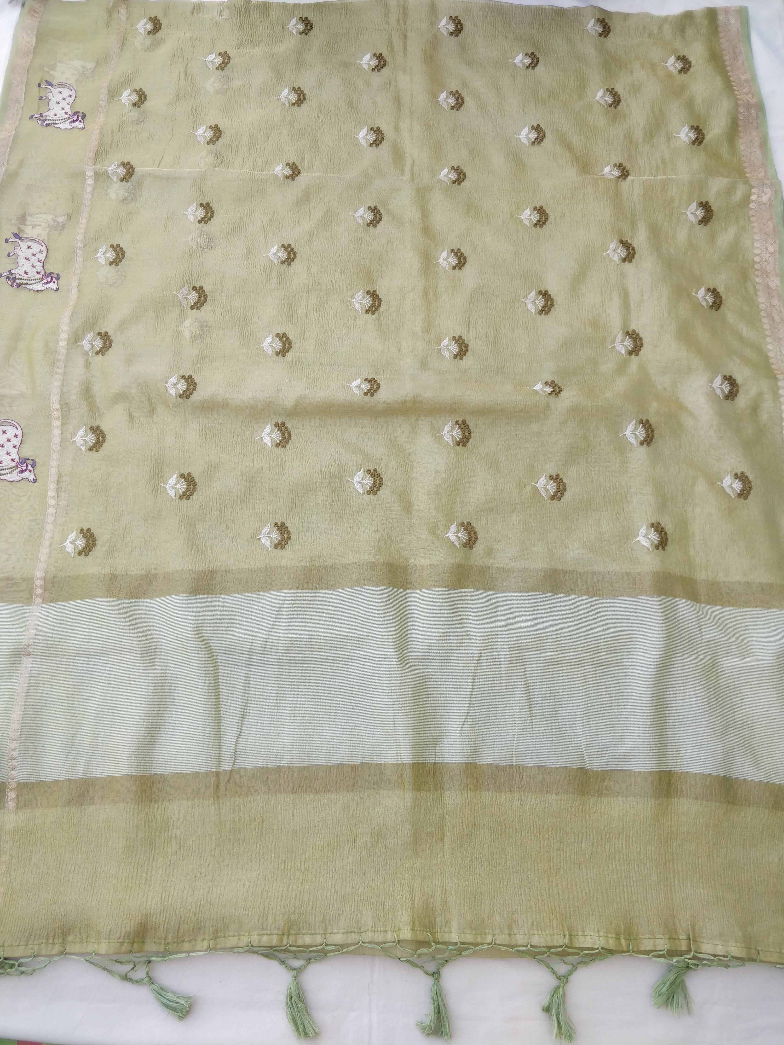 Green Tissue Silk Pichwai Saree With Embroidery