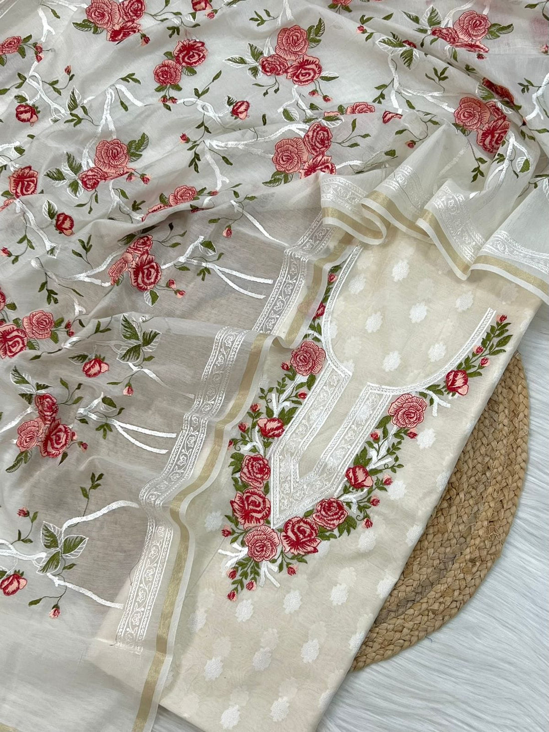 White Embroidered Red Threadwork Jacquard Suit Fabric with Kota Dupatta