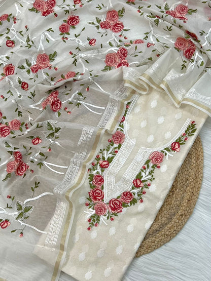 White Embroidered Red Threadwork Jacquard Suit Fabric with Kota Dupatta