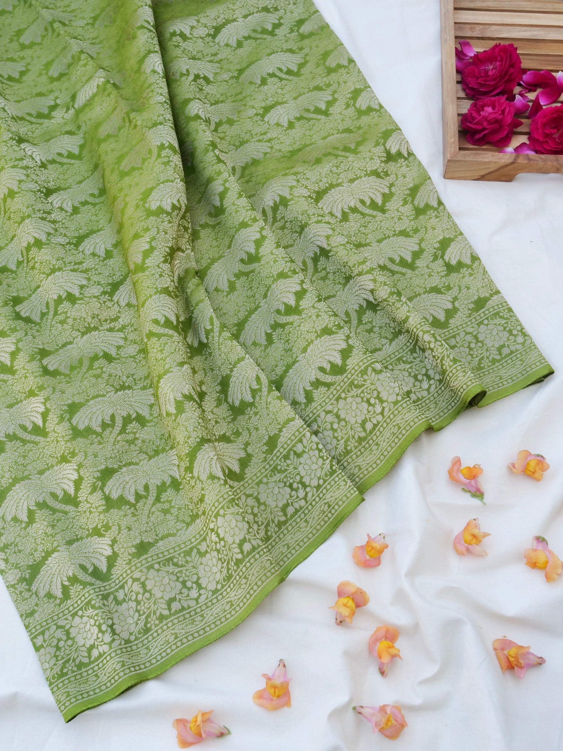 Green Georgette Silk Jangla  Banarasi Saree