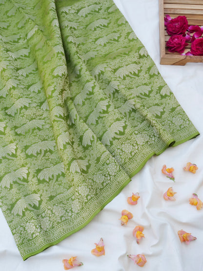 Green Georgette Silk Jangla  Banarasi Saree