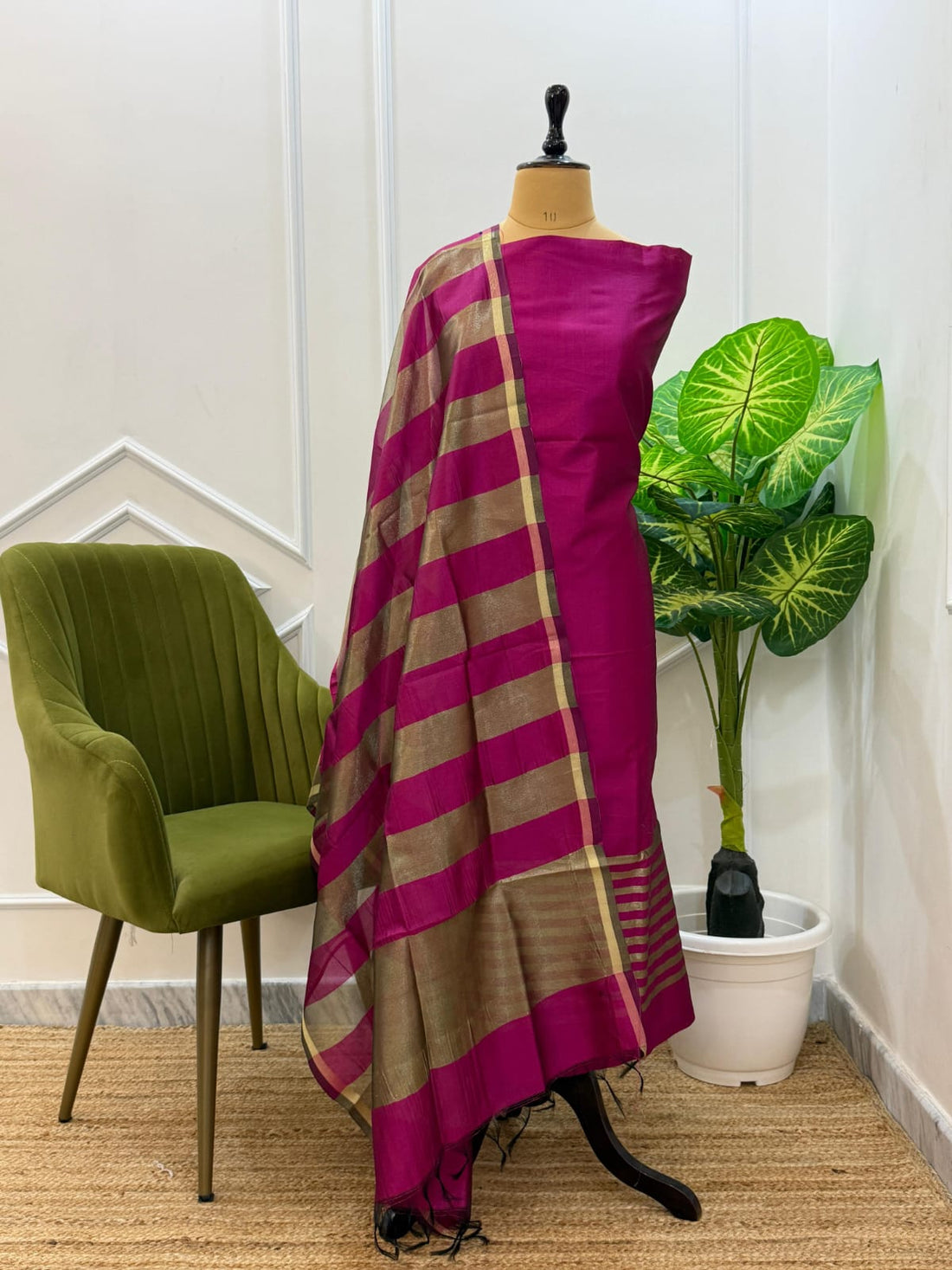 Pink Cotton Silk Suit With Stripe Zari Dupatta