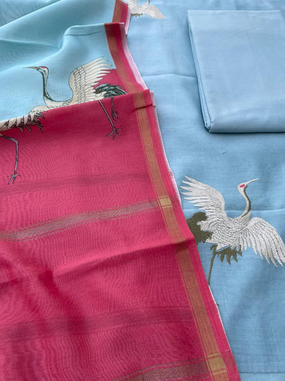 Sky Blue Digital Printed Chanderi Cotton Banarasi Suit Fabric