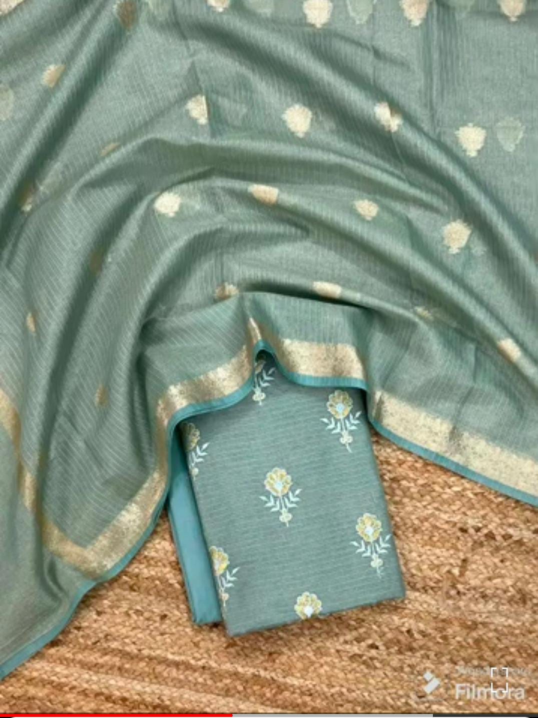 Teal Kota Silk Embroidered Suit Fabric