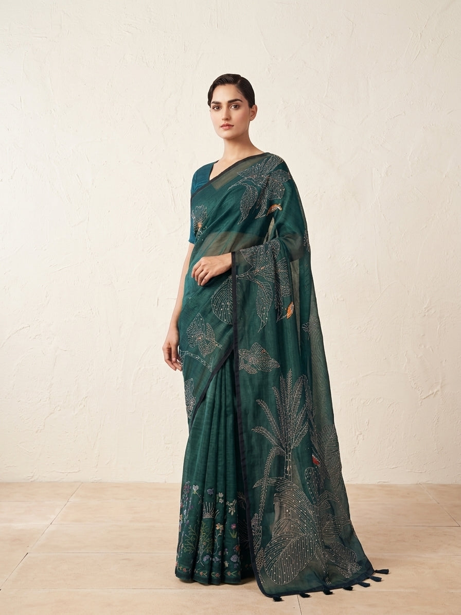 Green Mul Chanderi Silk Digital Print With Hand Embroidery Saree