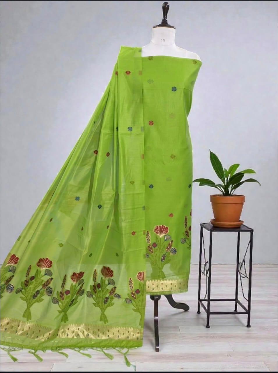 Green Cotton Zamadani Banarasi Suit Fabric