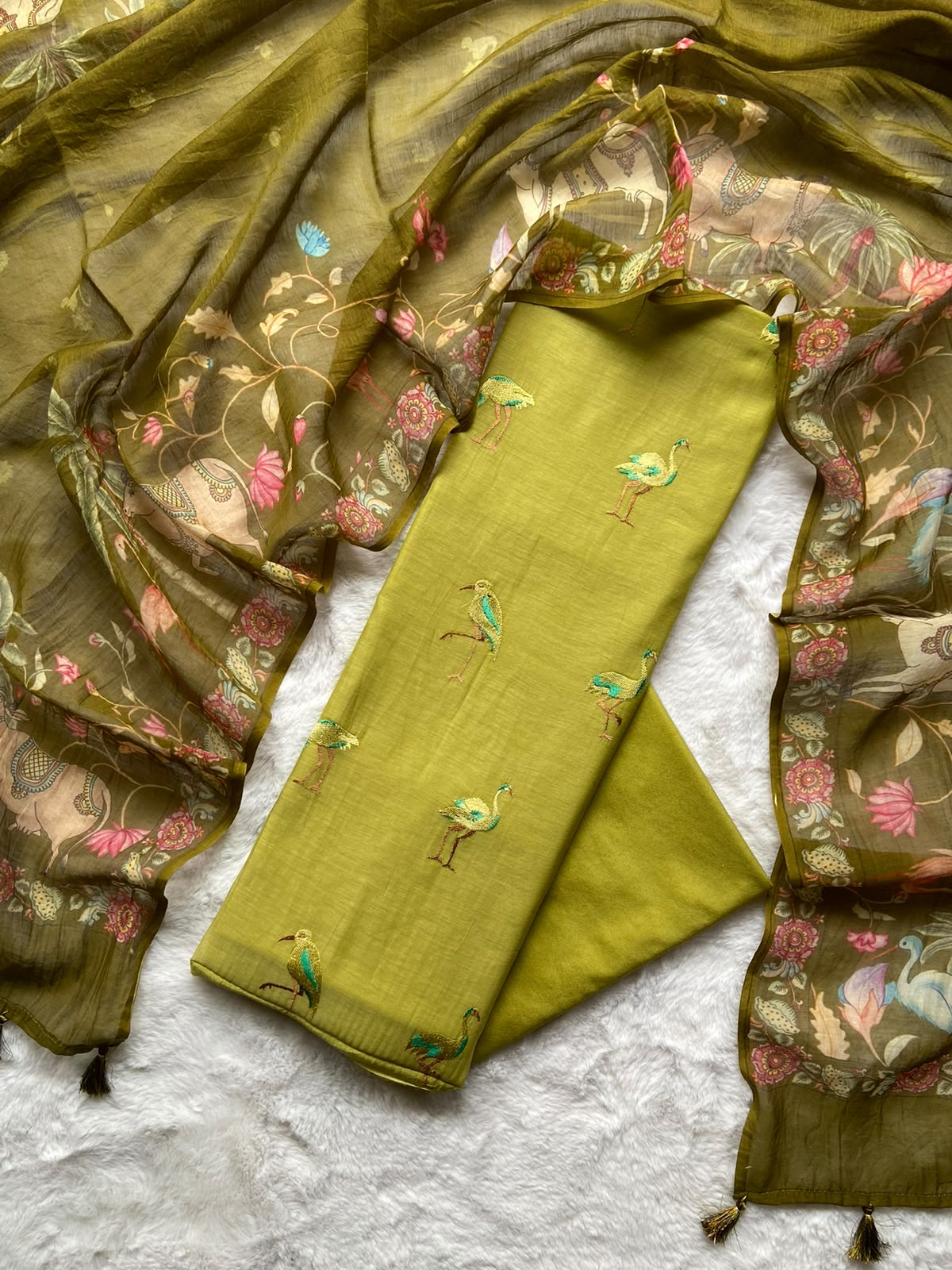 Green Mul Cotton Embroidery Suit Set