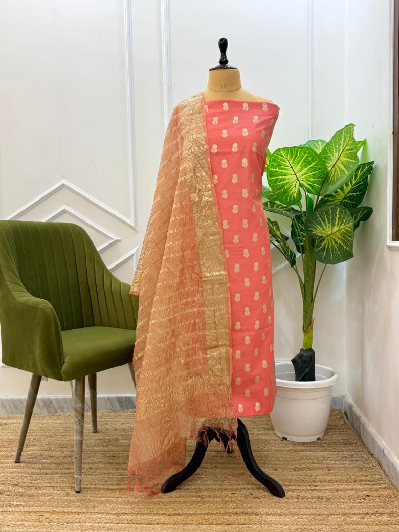 Peach Cotton Silk Buti Banarasi Suit Set