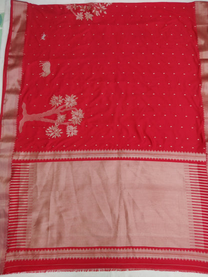 Red Semi Kataan Buti Pichwai Banarasi Saree