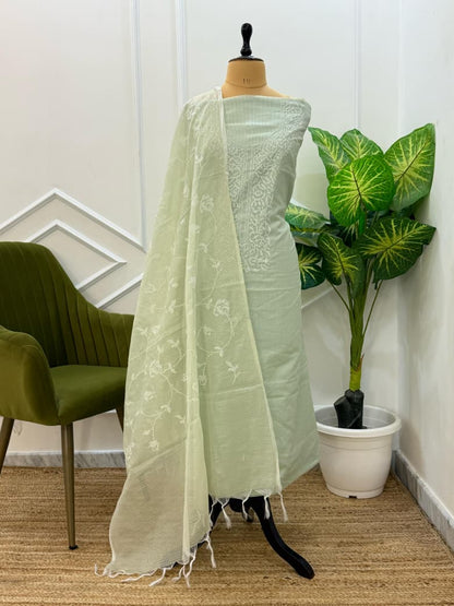 Pista Green Kota Silk Embroidered Unstitched Suit Fabric