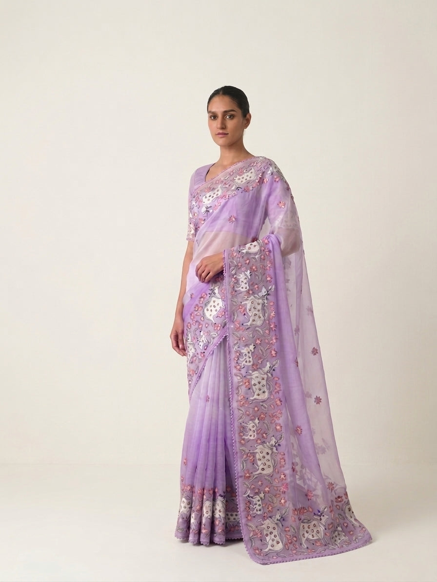 Purple Tissue Pichwai Buti Banarasi Saree With Embroidery