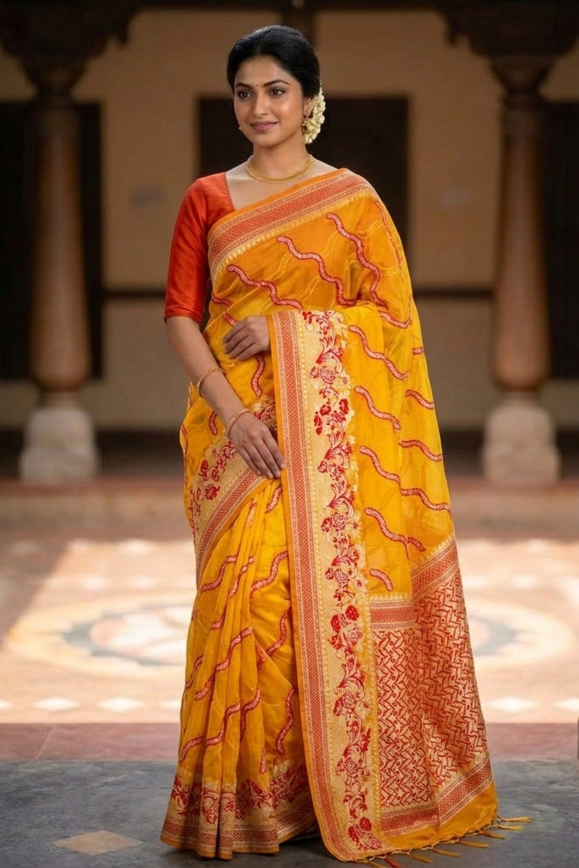 Yellow Adha Jaal Organza Banarasi Saree with Red Meenakari