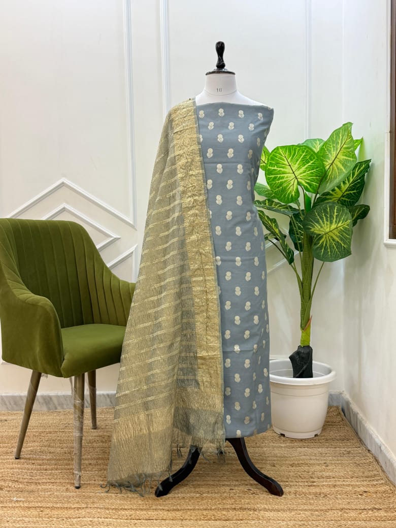 Gray Cotton Silk Buti Banarasi Suit Set