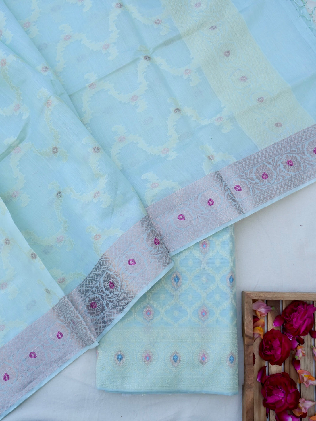 Green Banarasi Cotton Silk Unstitched Suit Set