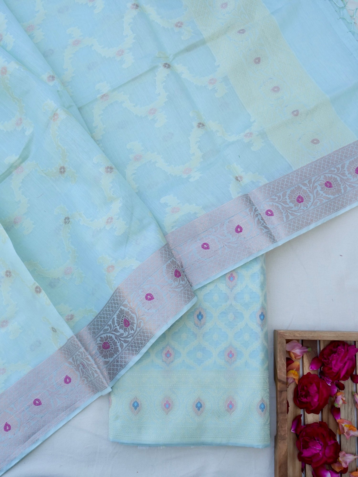 Green Banarasi Cotton Silk Unstitched Suit Set