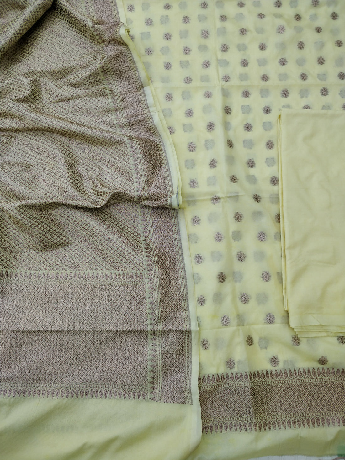 Lemon Yellow Cotton Banarasi Unstitched Suit Set