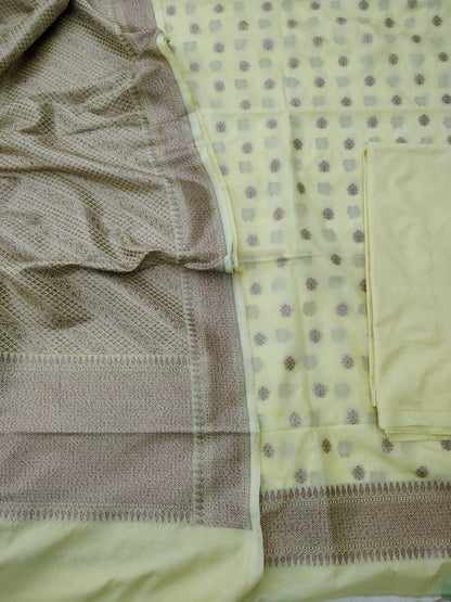 Lemon Yellow Cotton Banarasi Unstitched Suit Set