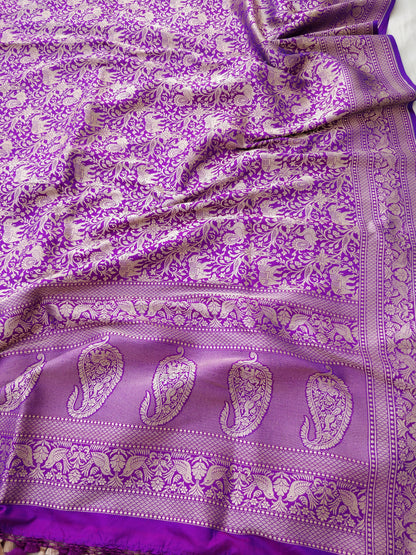 Purple Handwoven Shikargah Pure Kataan Silk Banarasi Dupatta