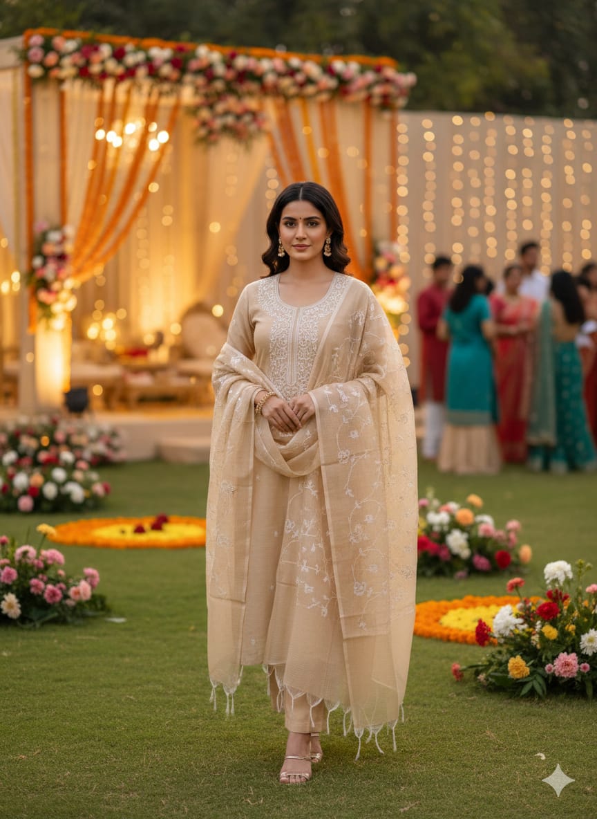 Beige Kota Silk Embroidered Unstitched Suit Fabric