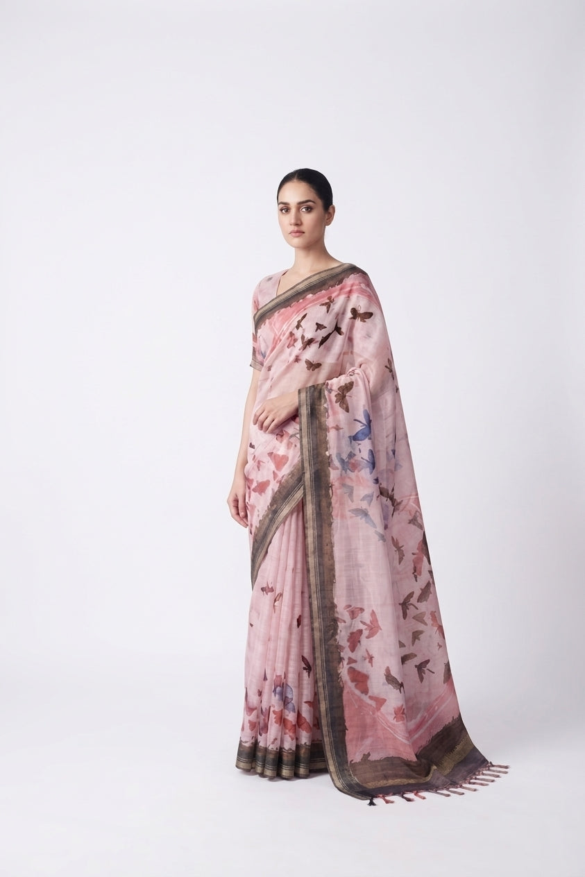 Pink Organza Silk Butterfly Print Banarasi Saree