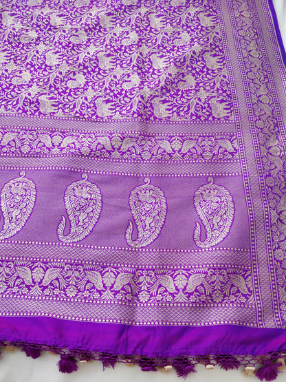 Purple Handwoven Shikargah Pure Kataan Silk Banarasi Dupatta