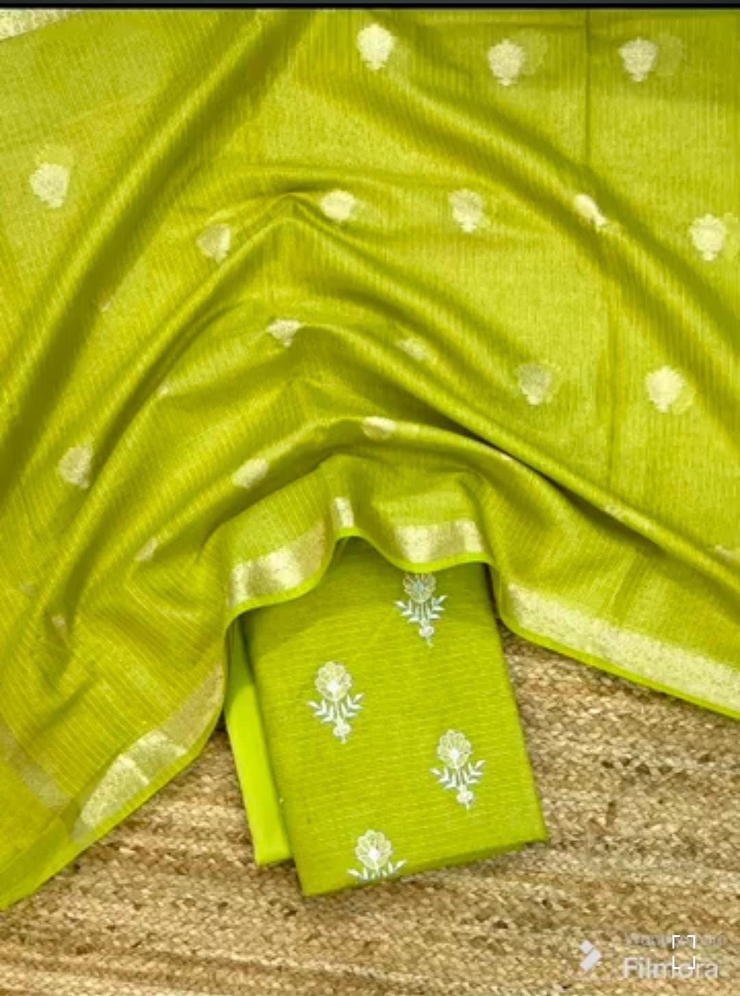 Green Kota Silk Embroidered Suit Fabric