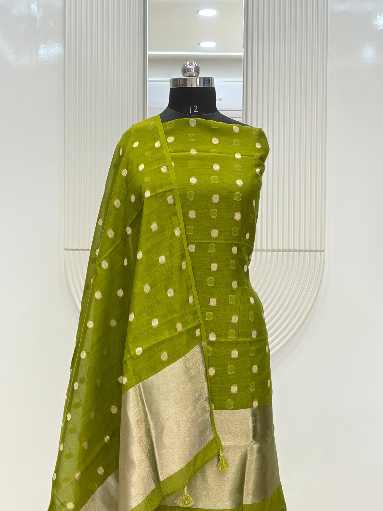 Mehandi Green Mul Chanderi Silk Zari Buti Suit Fabric