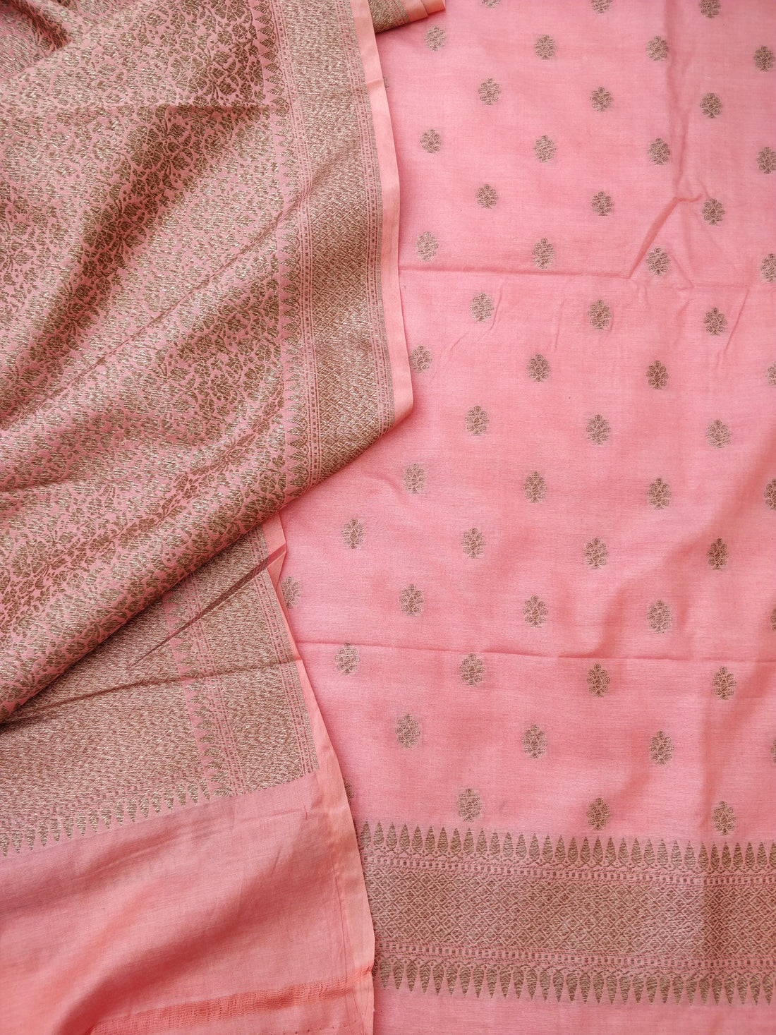 Peach Cotton Silk Buti Banarasi Unstitched Suit Set
