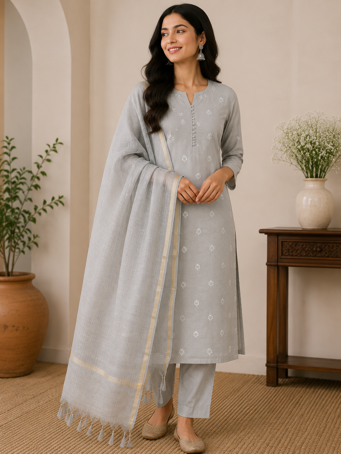 Gray Embroidery Banarasi Cotton Suit Set