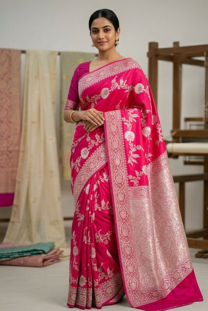 Pink Banarasi Silk Saree with Zari Floral Jaal