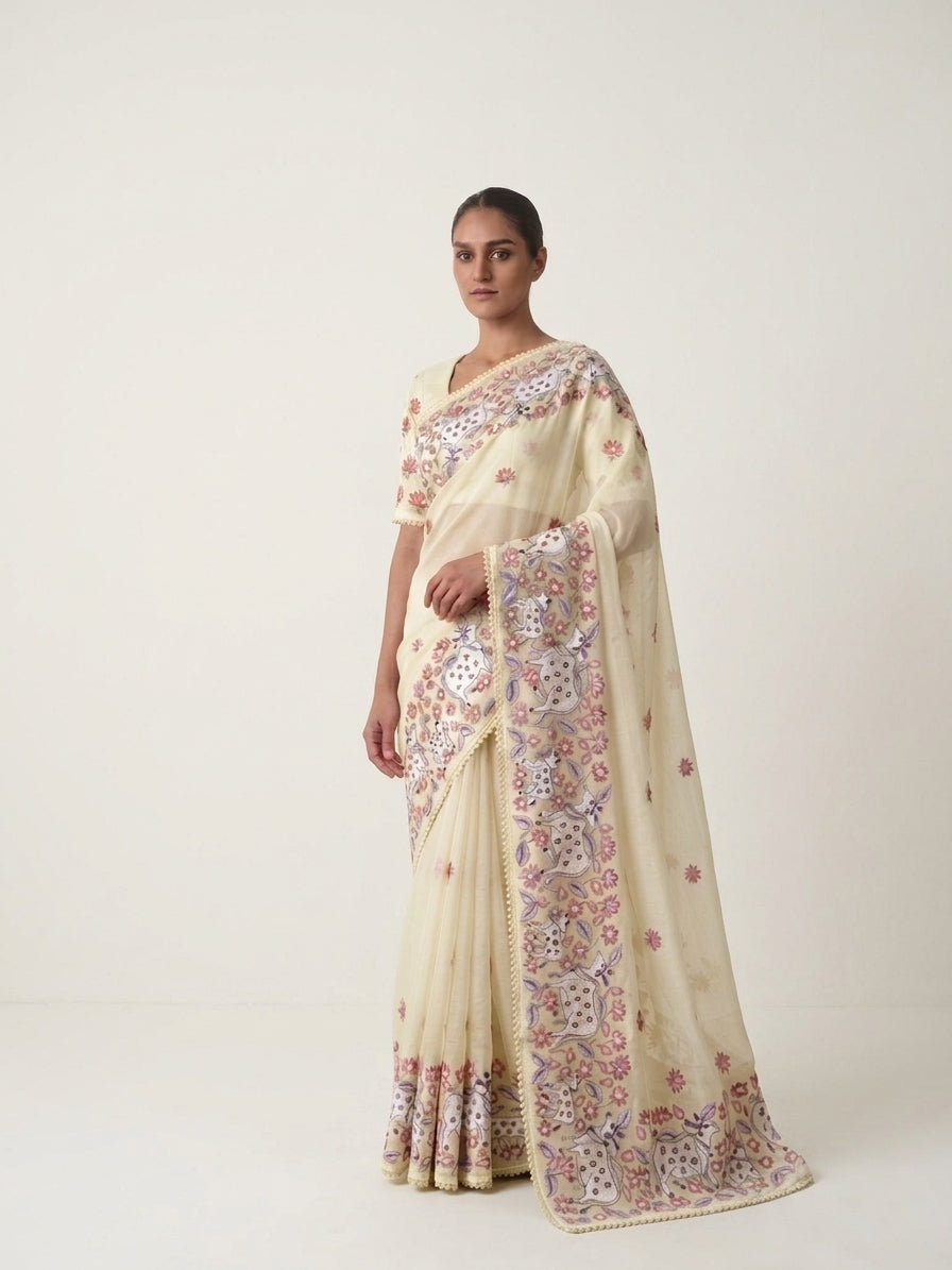 Yellow Tissue Pichwai Buti Banarasi Saree With Embroidery